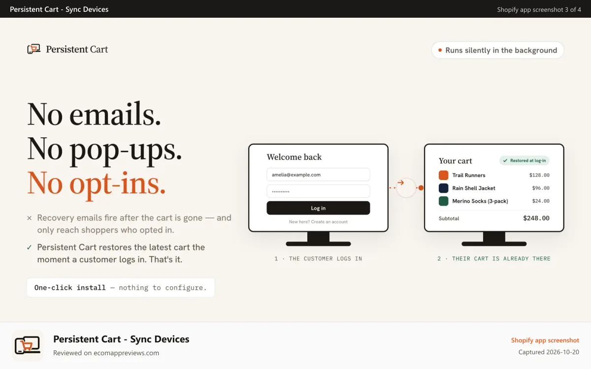 Persistent Cart ‑ Sync Devices Shopify app screenshot: Two screens: customer logs in, their cart is already there