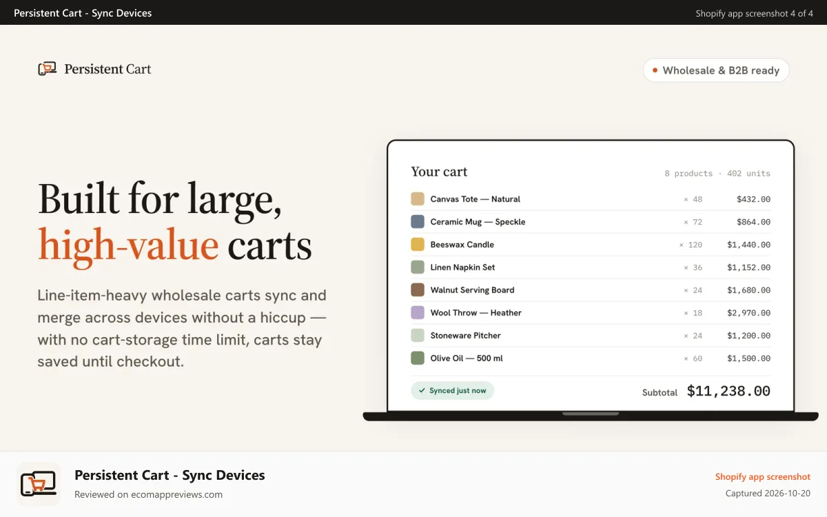 Persistent Cart ‑ Sync Devices Shopify app screenshot: Large wholesale cart synced across devices