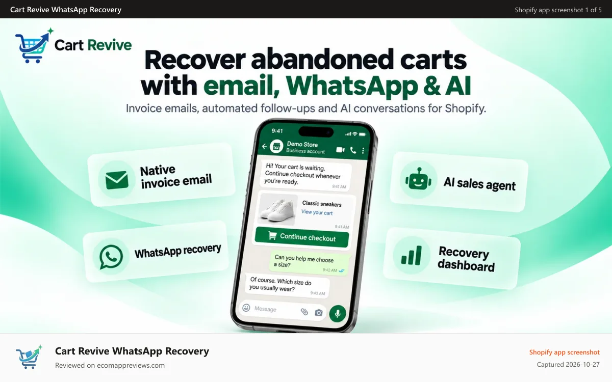 Cart Revive WhatsApp Recovery Shopify app screenshot: Cart Revive