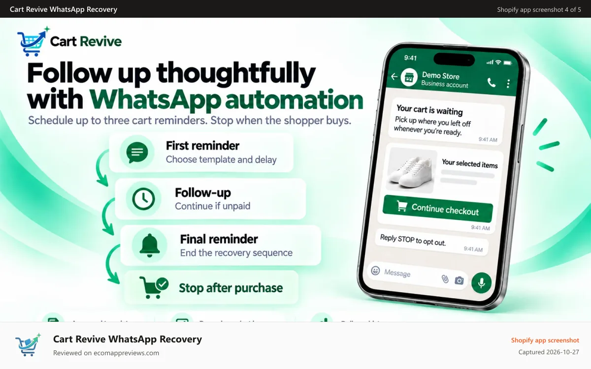 Cart Revive WhatsApp Recovery Shopify app screenshot: Cart Revive WhatsApp reminders and order update automation