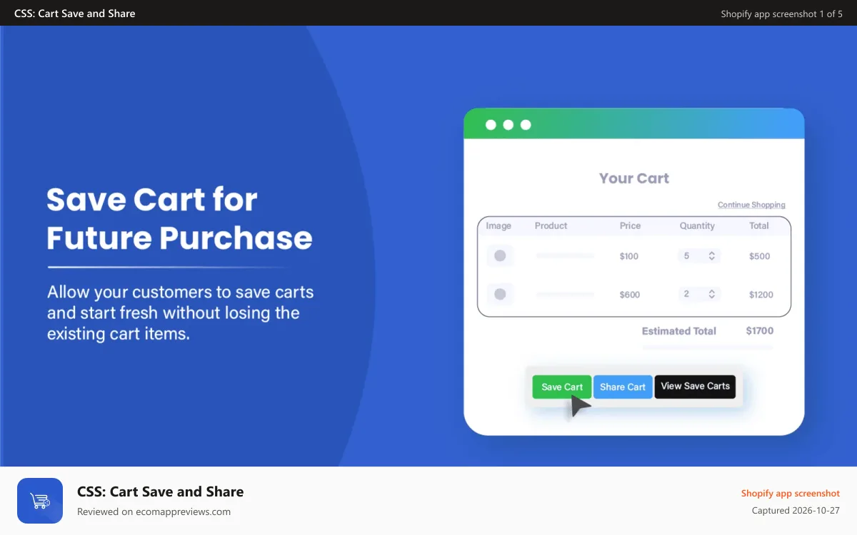 CSS: Cart Save and Share Shopify app screenshot: Shopify save cart for future purchases