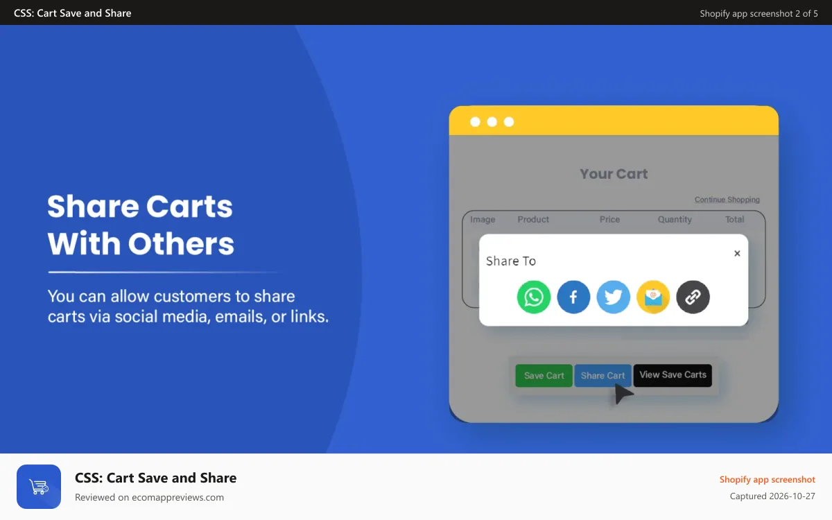 CSS: Cart Save and Share Shopify app screenshot: Shopify share carts with friends and family