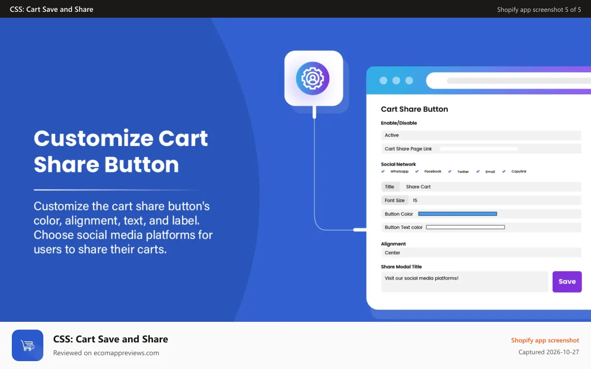 CSS: Cart Save and Share Shopify app screenshot: Customize Shopify cart share button