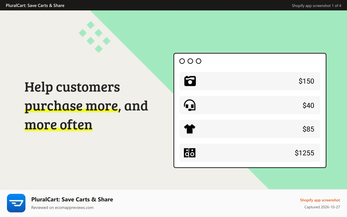 PluralCart: Save Carts & Share Shopify app screenshot: featured