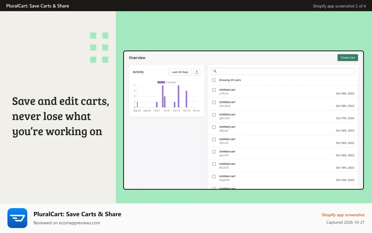 PluralCart: Save Carts & Share Shopify app screenshot: Save Carts