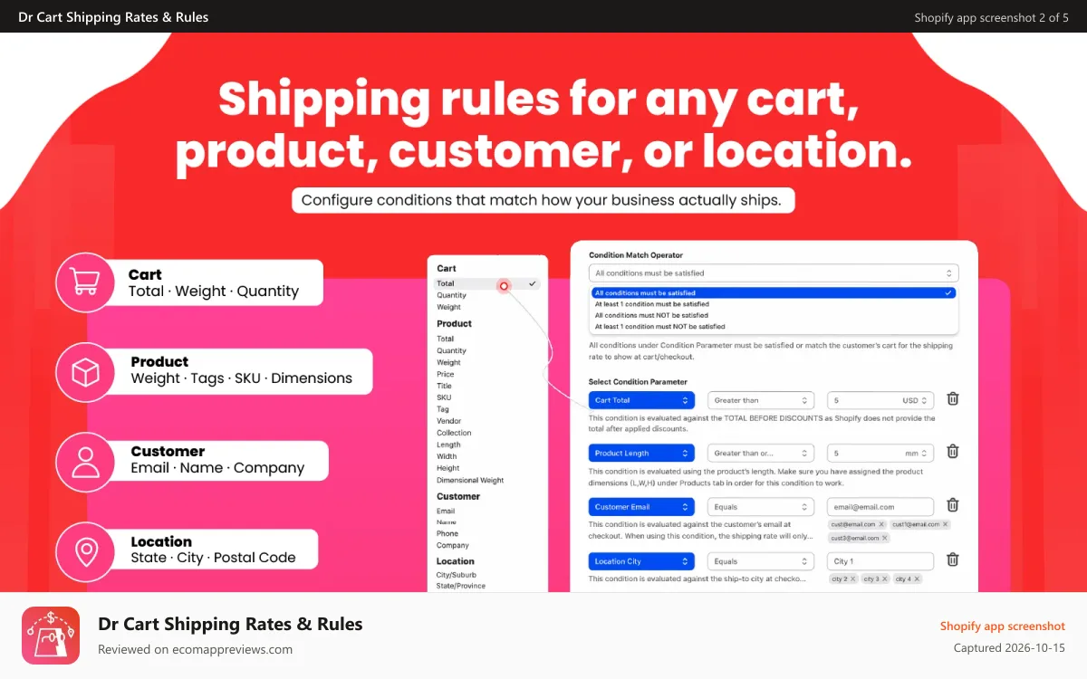 Dr Cart Shipping Rates & Rules Shopify app screenshot: Create Advanced Shipping Rules Based on Different Attributes