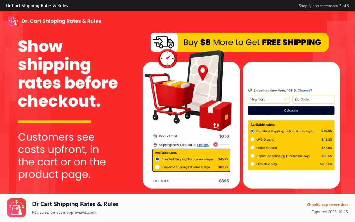 Dr Cart Shipping Rates & Rules Shopify app screenshot: Display Shipping Rates As Early As The Cart Page