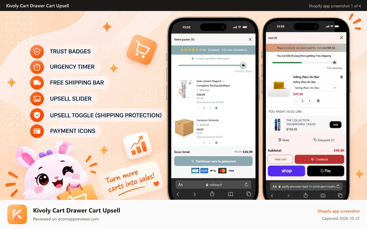 Kivoly Cart Drawer Cart Upsell Shopify app screenshot: Boos AOV & conversions with Cart drawer upsell sticky cart