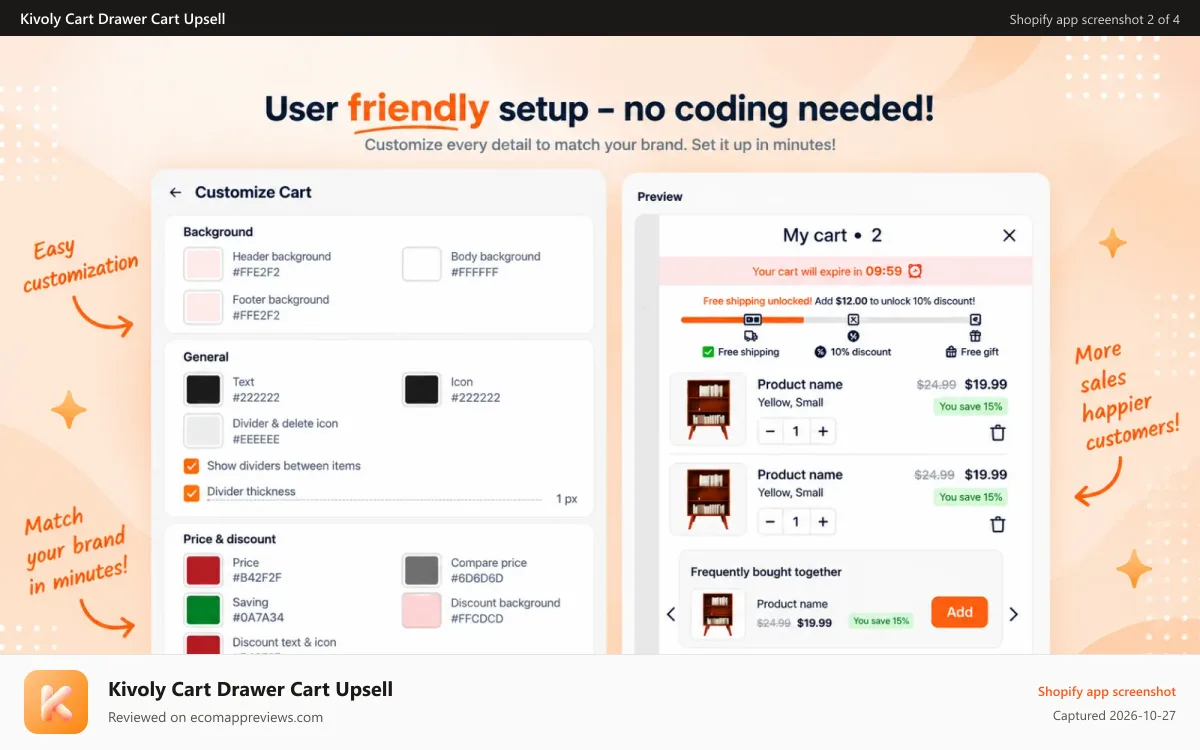 Kivoly Cart Drawer Cart Upsell Shopify app screenshot: User friendly setup - no coding needed!