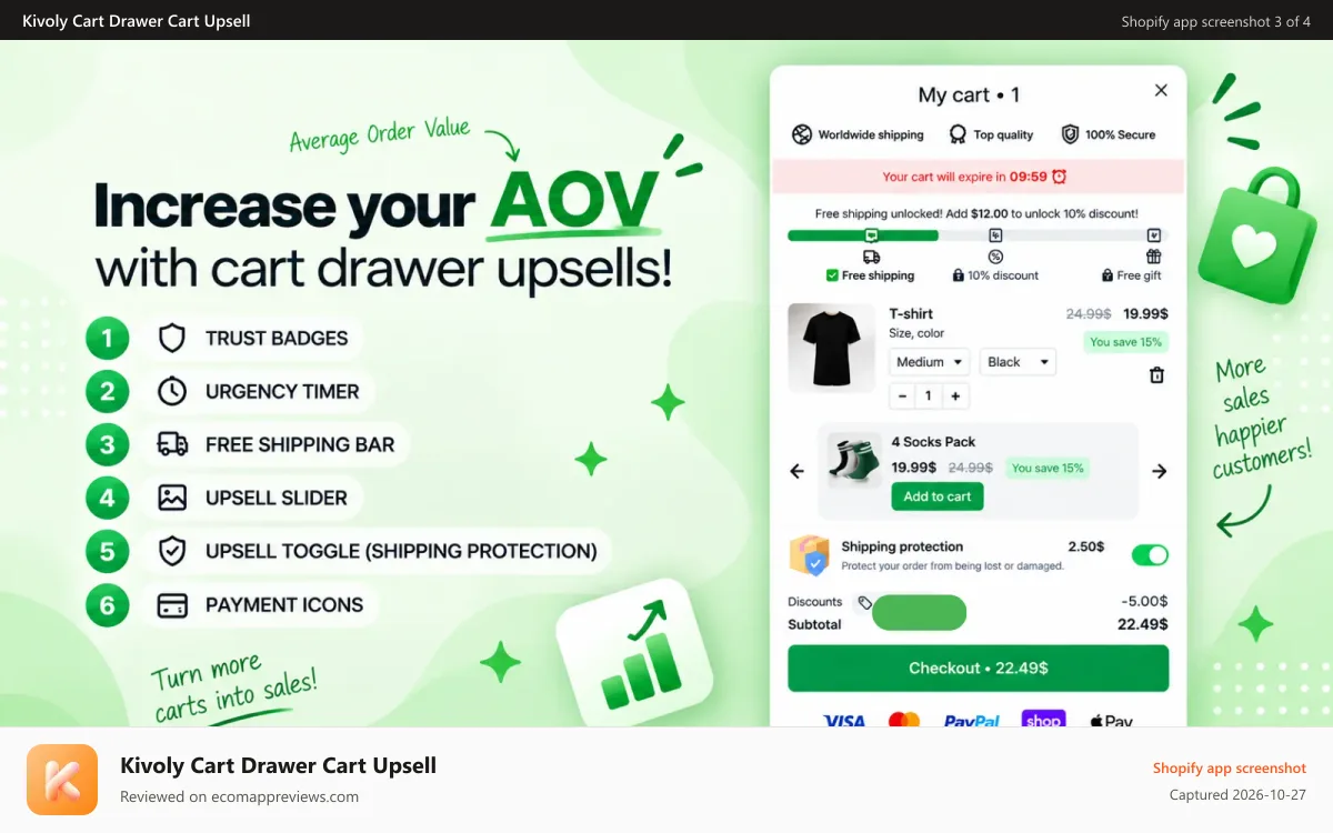 Kivoly Cart Drawer Cart Upsell Shopify app screenshot: Easily customize to match your needs.