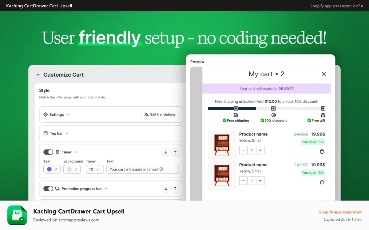 Kaching CartDrawer Cart Upsell Shopify app screenshot: User friendly setup - no coding needed!