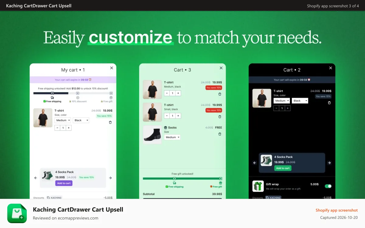 Kaching CartDrawer Cart Upsell Shopify app screenshot: Easily customize to match your needs.