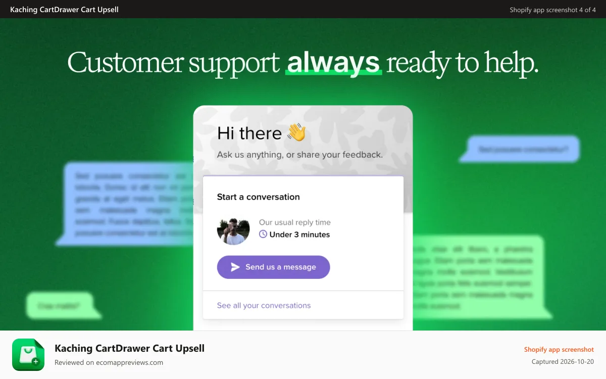 Kaching CartDrawer Cart Upsell Shopify app screenshot: Customer support always ready to help.