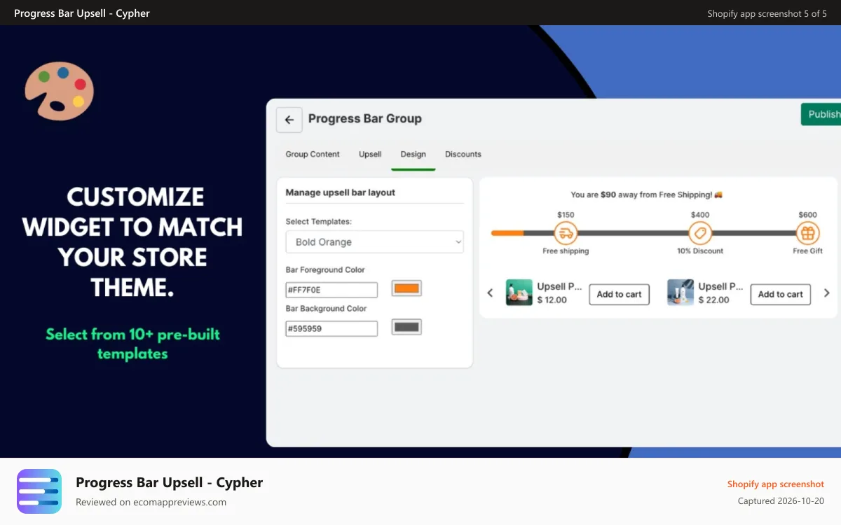 Progress Bar Upsell ‑ Cypher Shopify app screenshot: customizable app