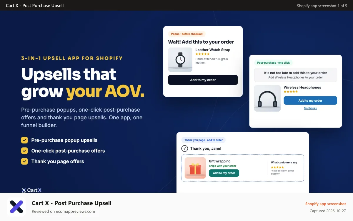 Cart X ‑ Post Purchase Upsell Shopify app screenshot: Cart X
