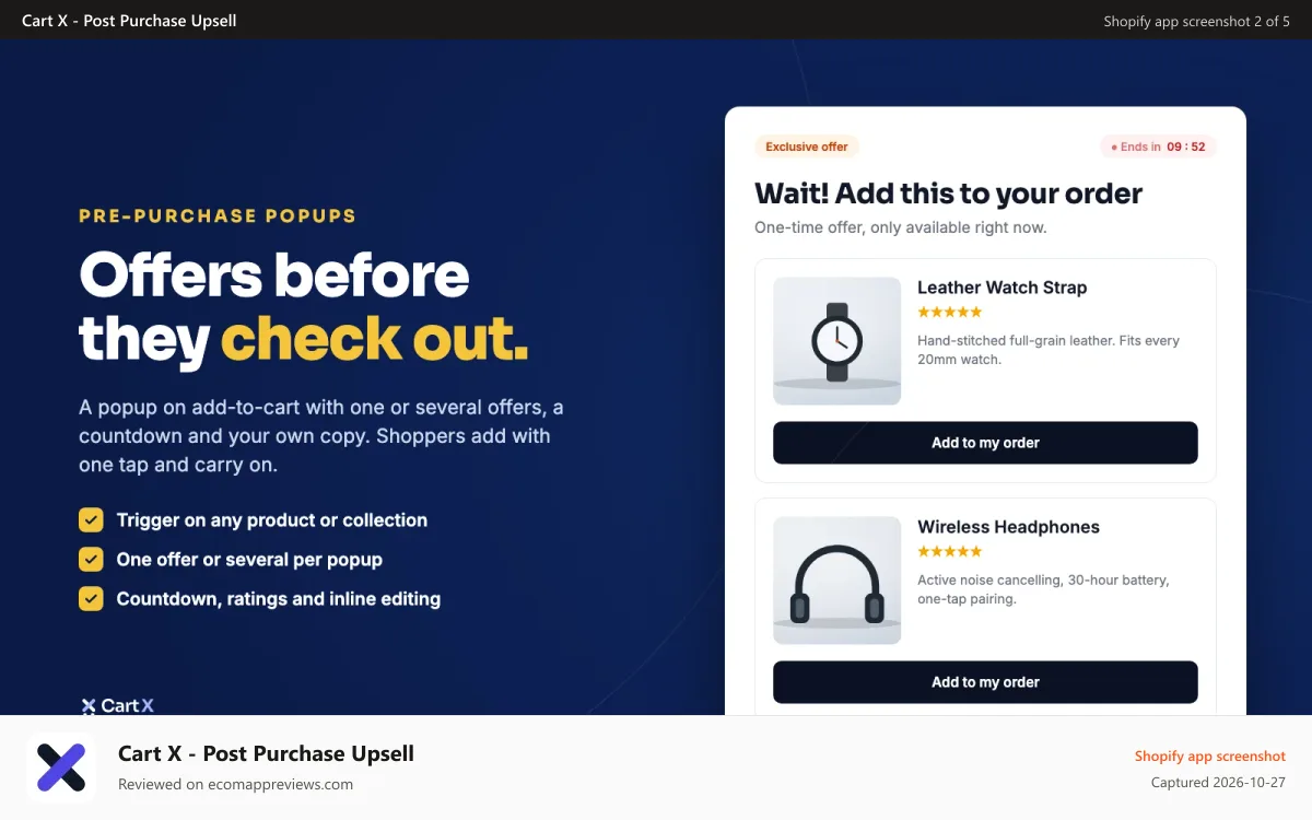 Cart X ‑ Post Purchase Upsell Shopify app screenshot: Cart X popup upsell with two offers on a Shopify store