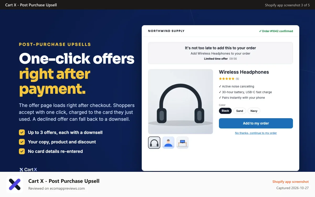 Cart X ‑ Post Purchase Upsell Shopify app screenshot: One-click post-purchase offer page shown after payment
