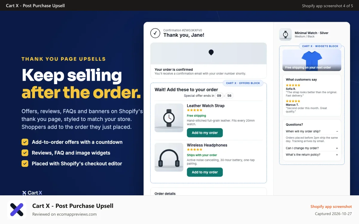 Cart X ‑ Post Purchase Upsell Shopify app screenshot: Thank you page with Cart X offers, reviews and FAQ blocks