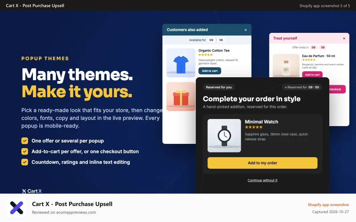 Cart X ‑ Post Purchase Upsell Shopify app screenshot: Three popup upsell themes with different products