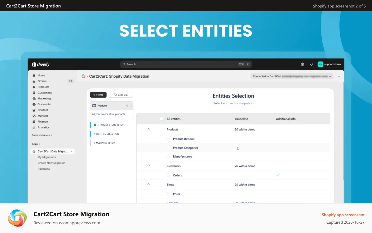 Cart2Cart Store Migration Shopify app screenshot: shopify import