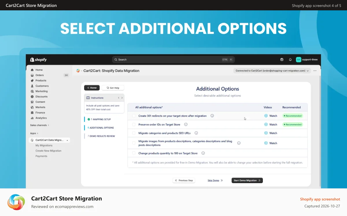 Cart2Cart Store Migration Shopify app screenshot: shopify data import