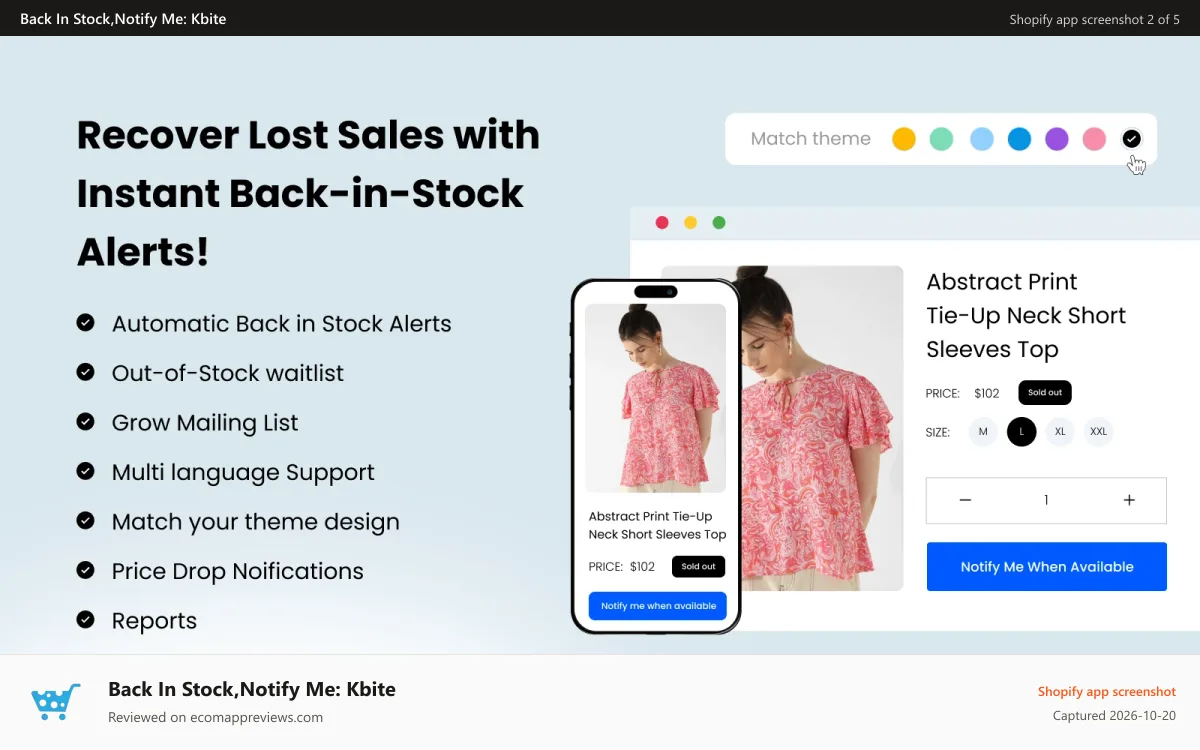 Back In Stock,Notify Me: Kbite Shopify app screenshot: Recover Sales with Back in Stock Alerts