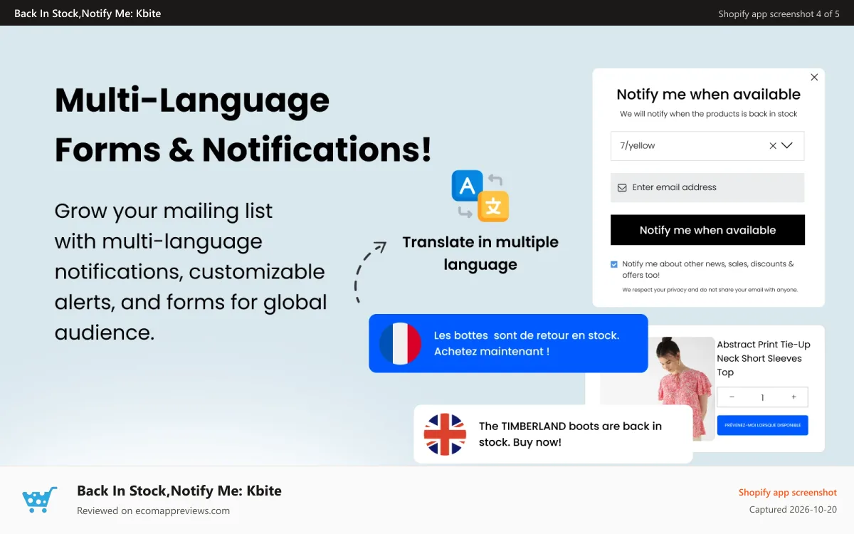 Back In Stock,Notify Me: Kbite Shopify app screenshot: Multi-Language Forms & Notifications