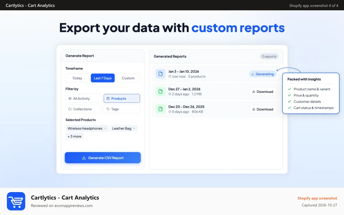 Cartlytics ‑ Cart Analytics Shopify app screenshot: Custom reports interface for exporting cart data to CSV
