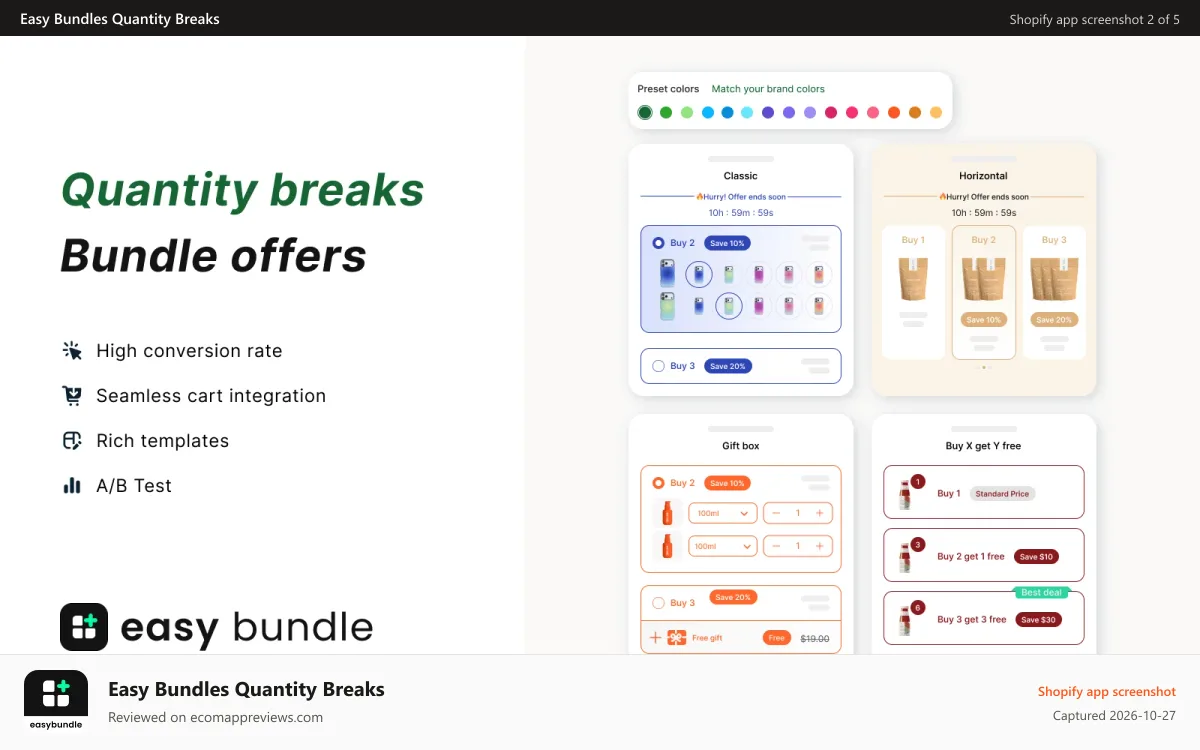 Easy Bundles Quantity Breaks Shopify app screenshot: quantity breaks bundle offer