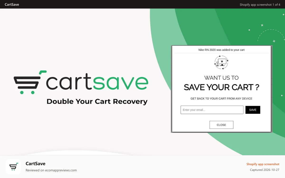 CartSave Shopify app screenshot: CartSave Shopify App banner