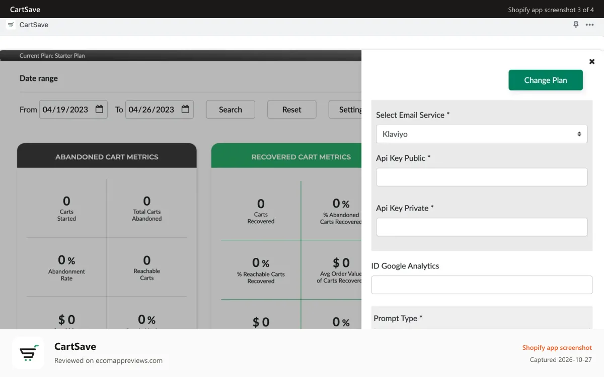 CartSave Shopify app screenshot: CartSave Settings Panel