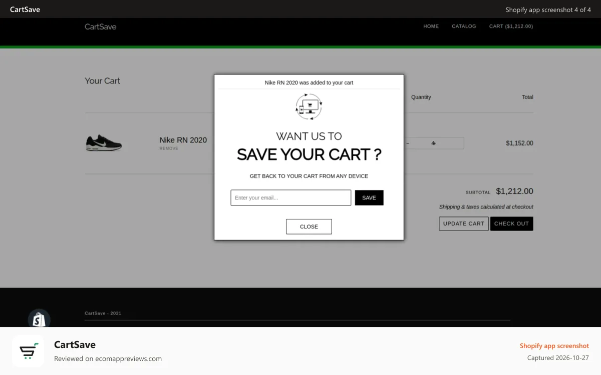 CartSave Shopify app screenshot: CarSave Prompt