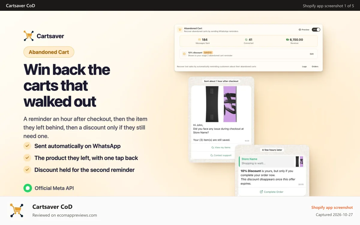 Cartsaver CoD Shopify app screenshot: Recover Abandoned Carts with WhatsApp