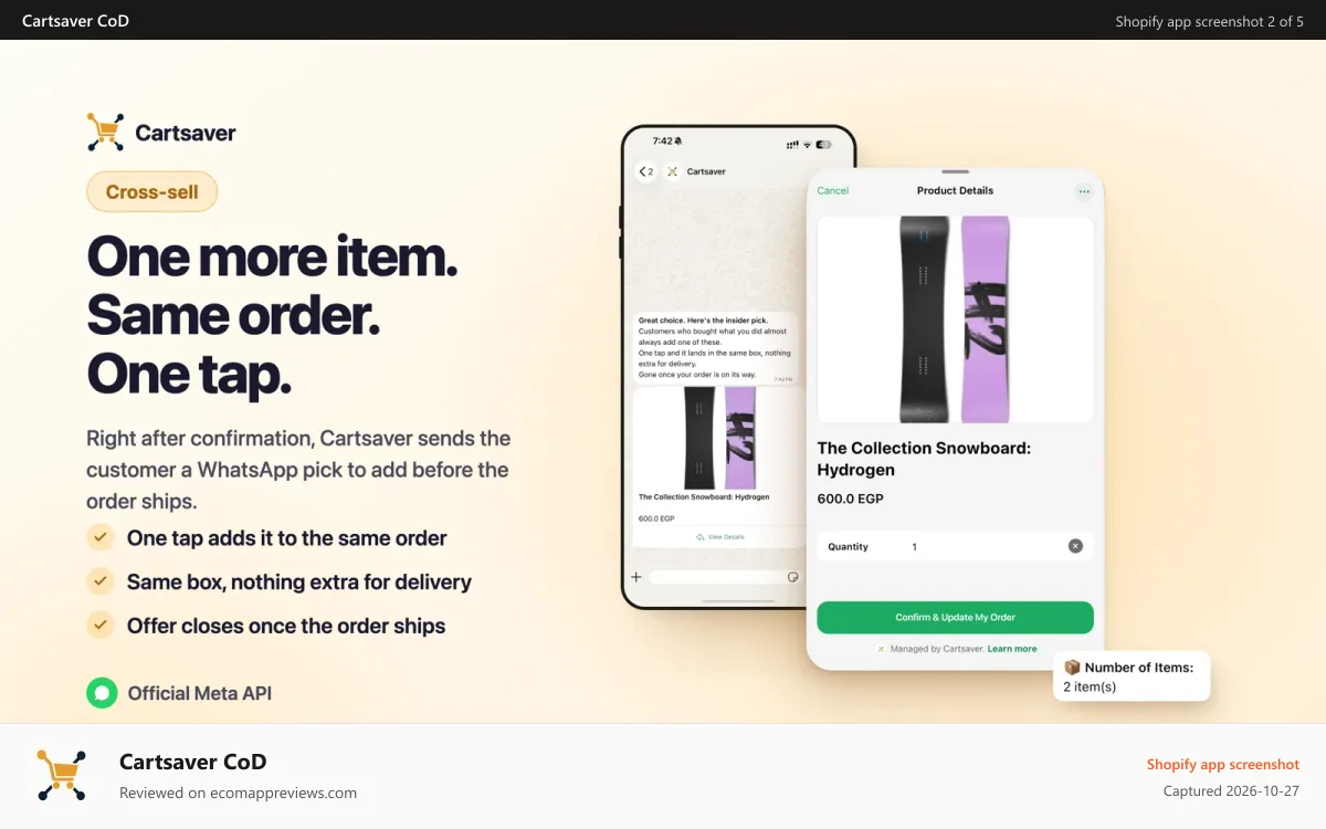 Cartsaver CoD Shopify app screenshot: Cross-Sell Related Products on WhatsApp Directly