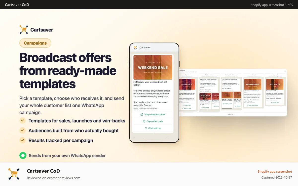Cartsaver CoD Shopify app screenshot: Campagins