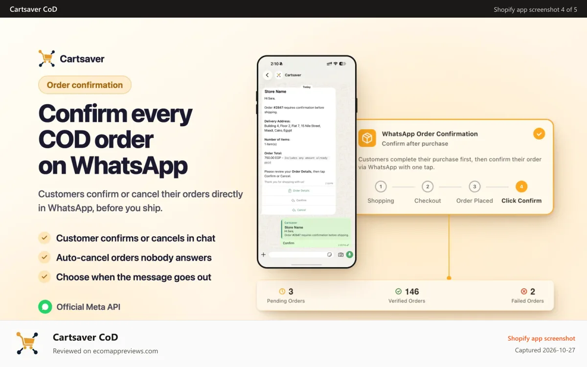 Cartsaver CoD Shopify app screenshot: WhatsApp Order Confirmation