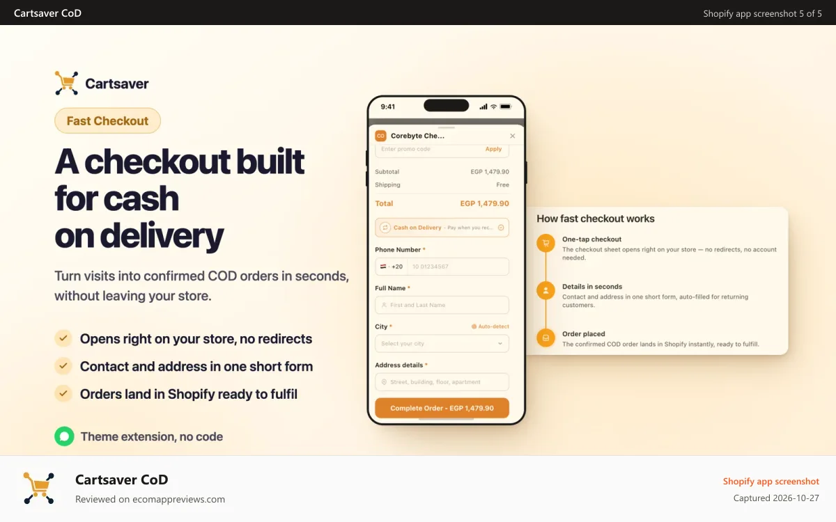 Cartsaver CoD Shopify app screenshot: Fast Checkout