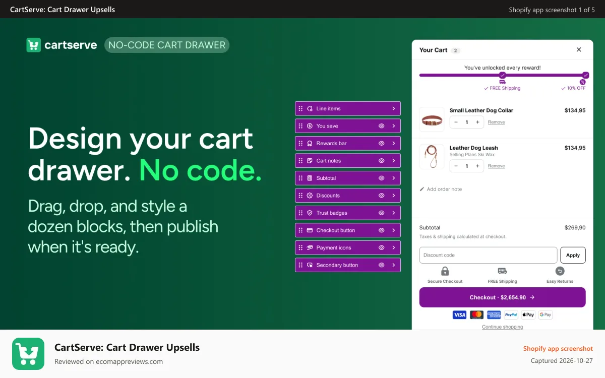 CartServe: Cart Drawer Upsells Shopify app screenshot: No-code slide cart drawer design tool for Shopify
