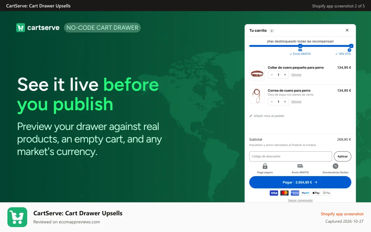 CartServe: Cart Drawer Upsells Shopify app screenshot: Cart drawerLive storefront preview of cart drawer across markets