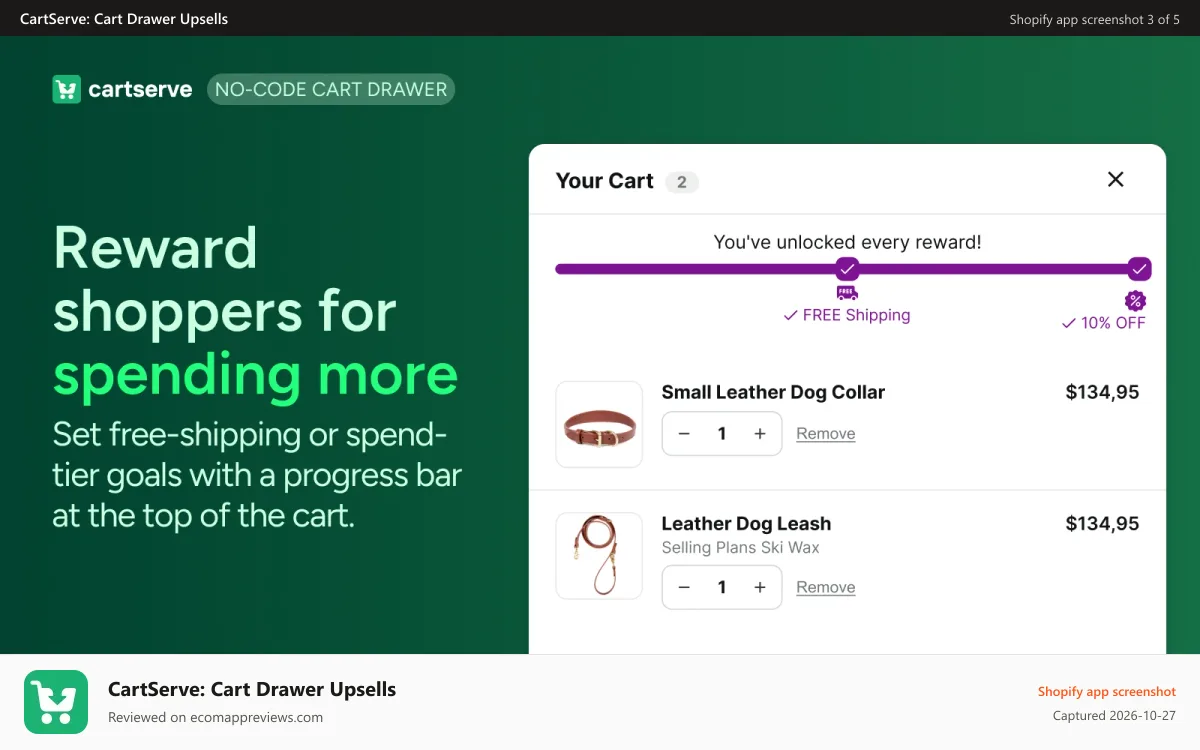 CartServe: Cart Drawer Upsells Shopify app screenshot: Cart drawer reward goals and progress bar for free shipping