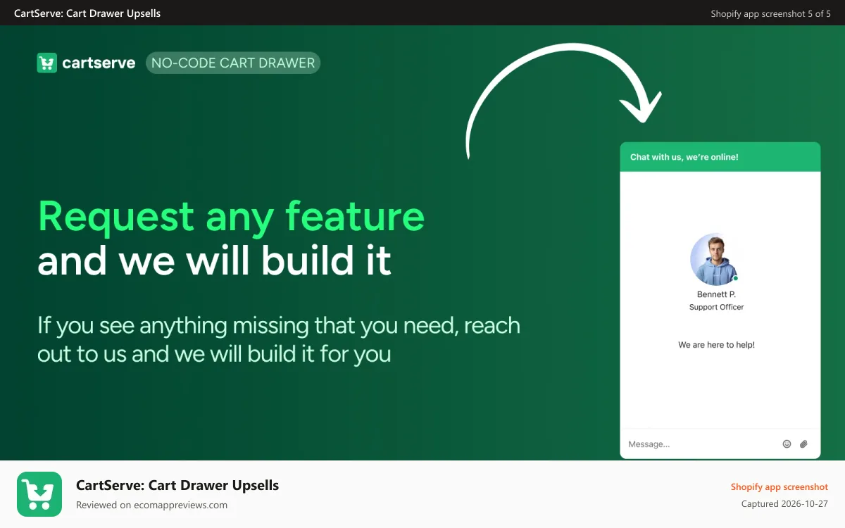 CartServe: Cart Drawer Upsells Shopify app screenshot: Slide cart feature request build