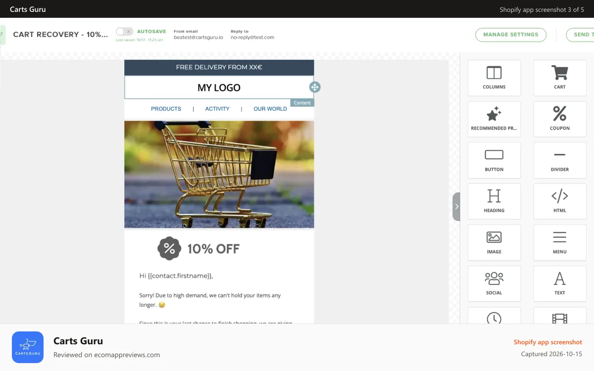 Carts Guru Shopify app screenshot: Email editor