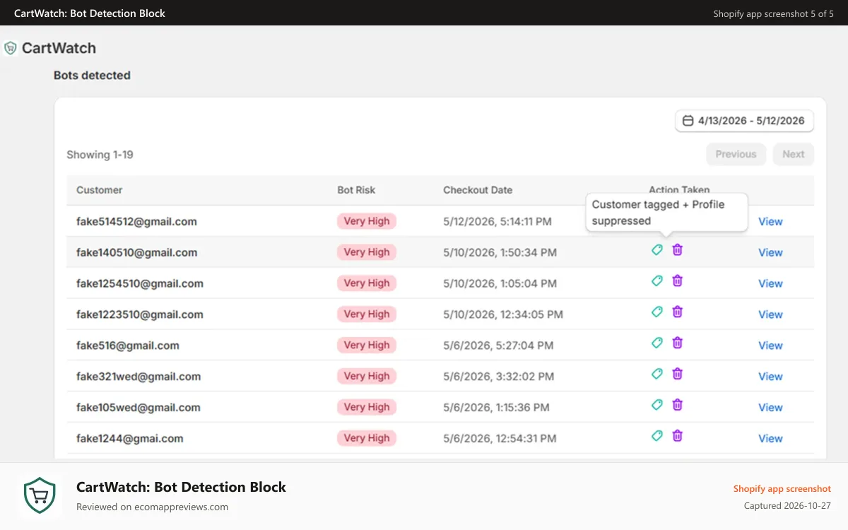 CartWatch: Bot Detection Block Shopify app screenshot: screenshot-bot-checkoutlist
