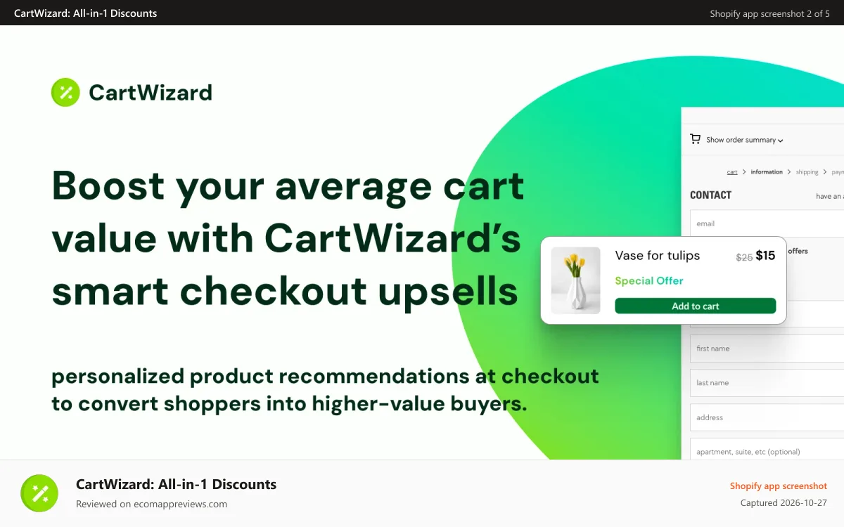 CartWizard: All‑in‑1 Discounts Shopify app screenshot: smart checkout upsells