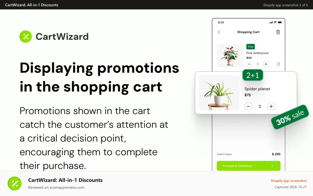 CartWizard: All‑in‑1 Discounts Shopify app screenshot: display promotions on cart