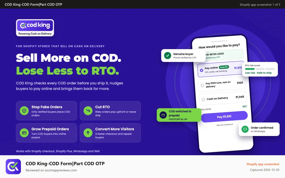 COD King‑COD Form|Part COD OTP Shopify app screenshot: COD King Less RTO more COD orders