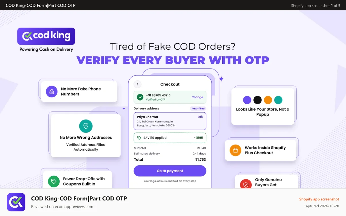 COD King‑COD Form|Part COD OTP Shopify app screenshot: OTP verification reduces RTO and reduces fake orders