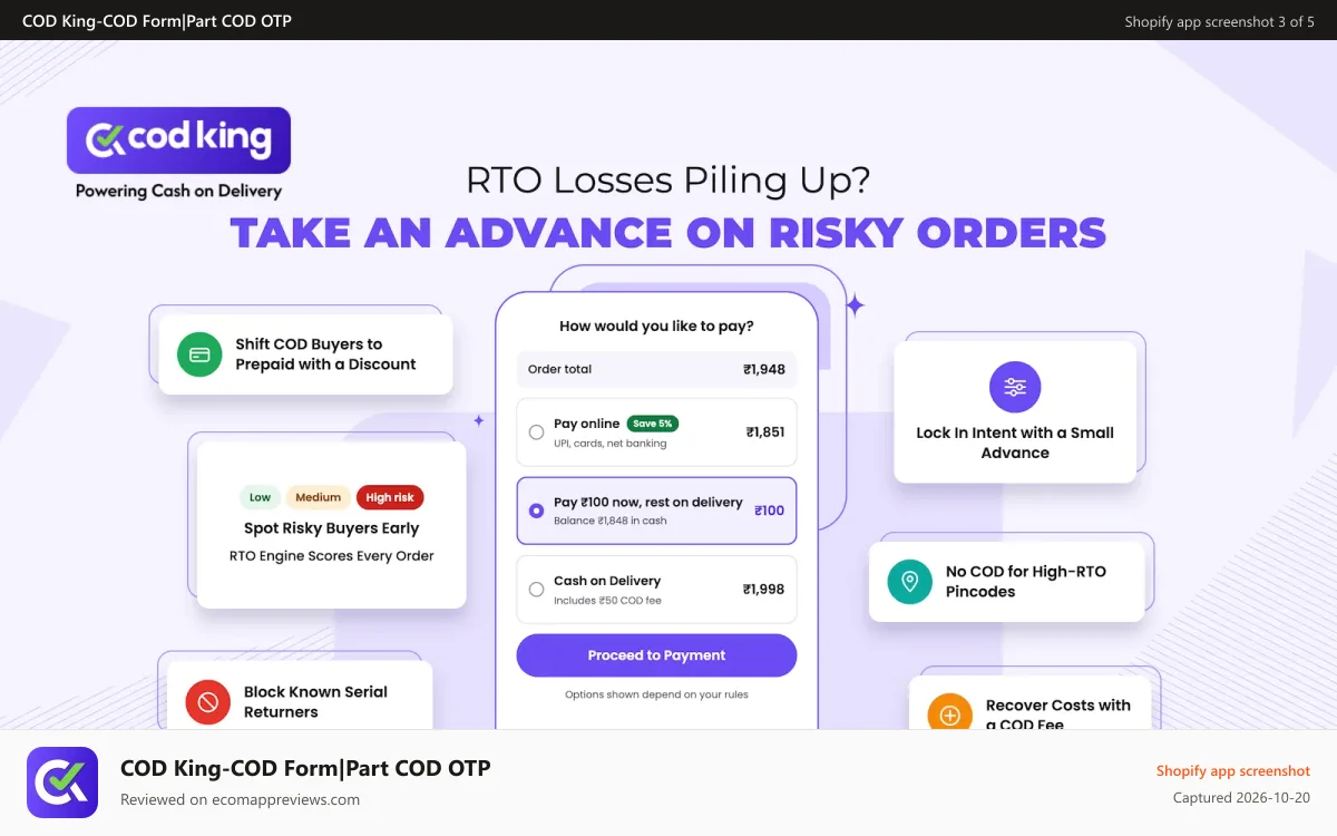 COD King‑COD Form|Part COD OTP Shopify app screenshot: Partial payment - Advance/Upfront payment secures RTO