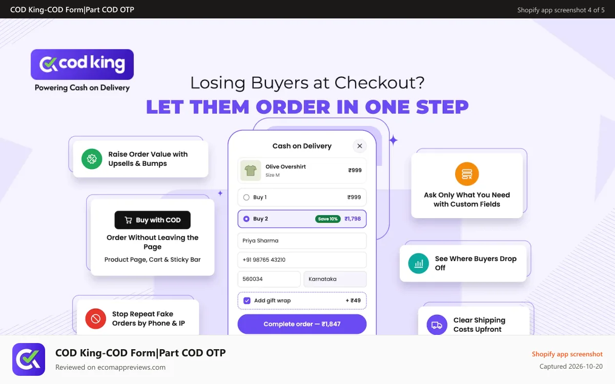 COD King‑COD Form|Part COD OTP Shopify app screenshot: COD form - Best conversion for dropshippers