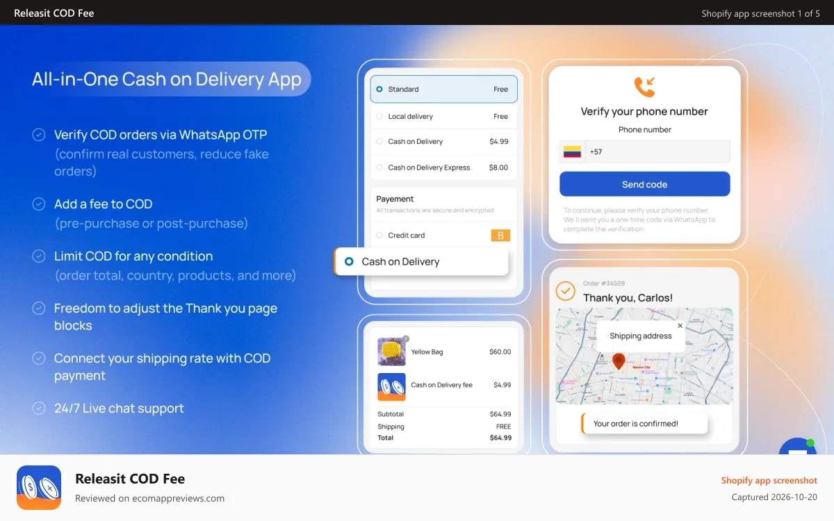 Releasit COD Fee Shopify app screenshot: All-in-One Cash on Delivery App